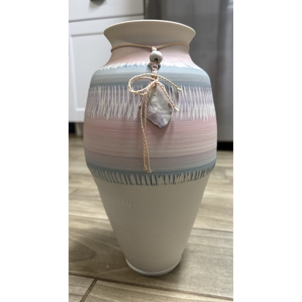 Vintage 90s Debra Swanger Ceramic Pottery Vase‎ Southwest Shell Art Blue Stripe